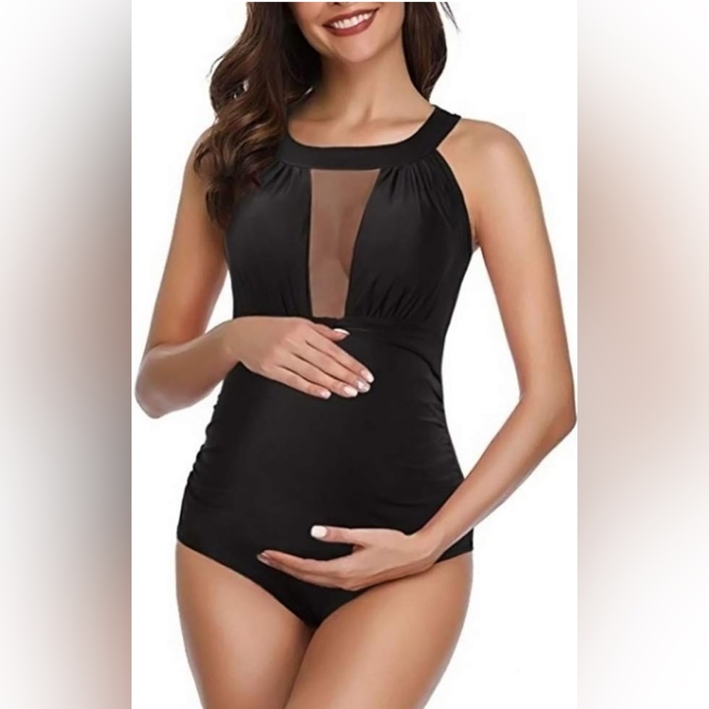 Maternity One Piece Swimwear Womens High Neck Ruched Summer Pregnancy Beachwear